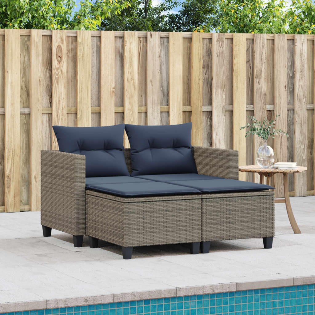 vidaXL Patio Sofa 2-Seater with Stools Gray Poly Rattan-1