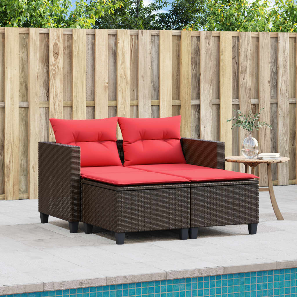 vidaXL Patio Sofa 2-Seater with Stools Outdoor Poly Rattan Brown/Gray/Black-2