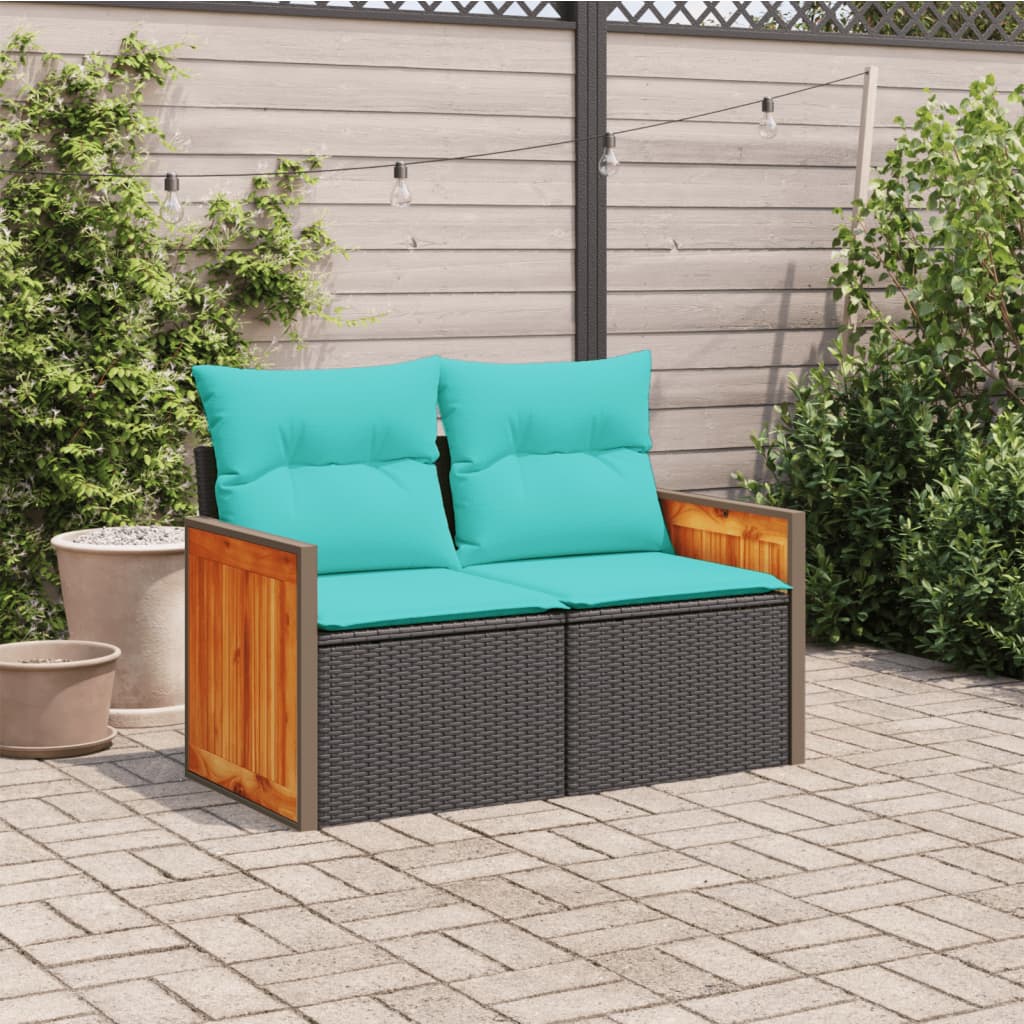 vidaXL Patio Sofa with Cushions 2-Seater Black Poly Rattan-1