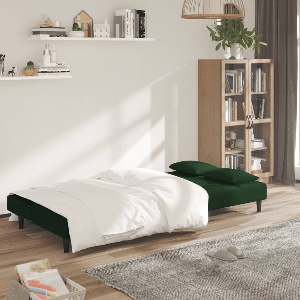 vidaXL 2-Seater Sofa Bed with Two Pillows Dark Green Velvet-1