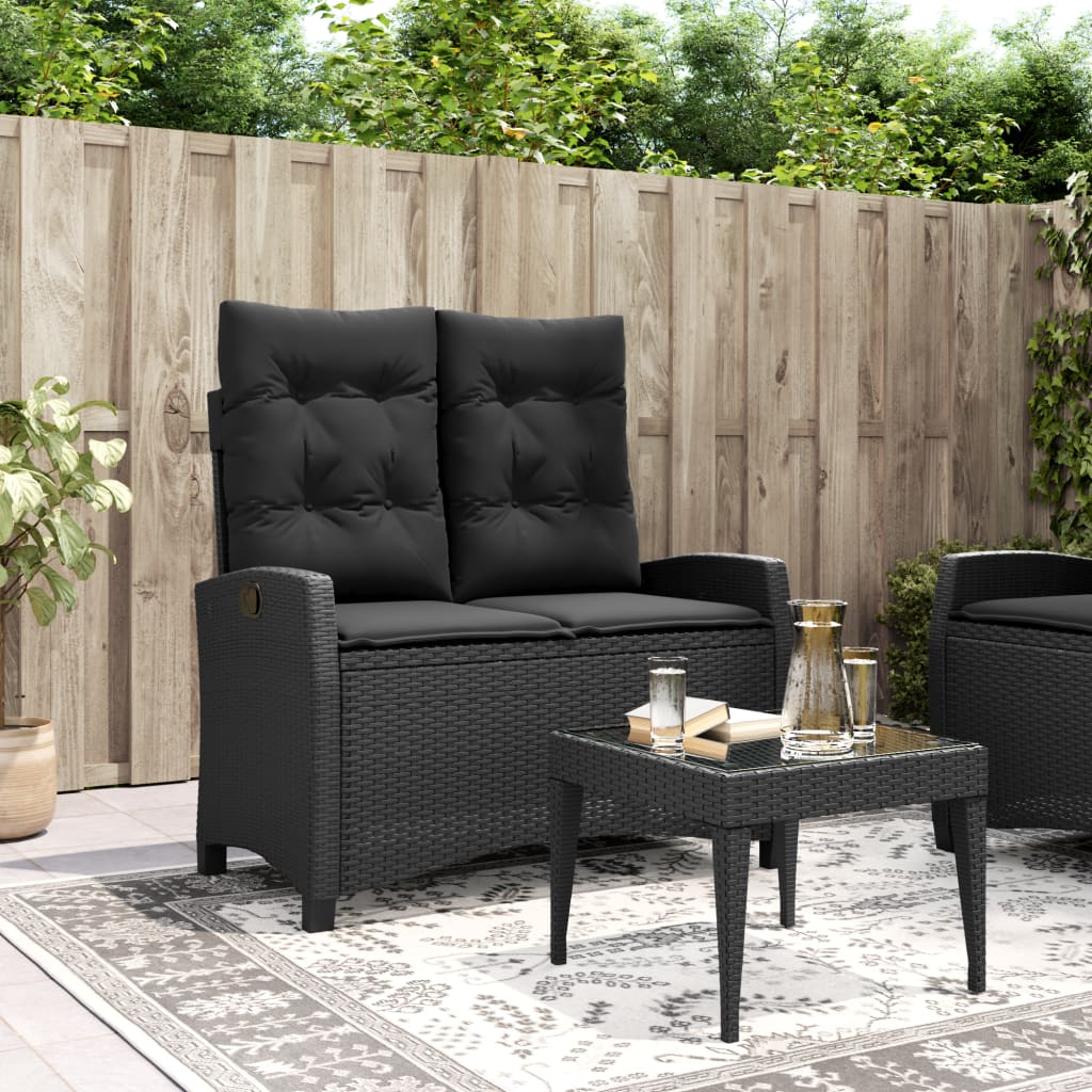 vidaXL Reclining Patio Bench with Cushions Black Poly Rattan-0