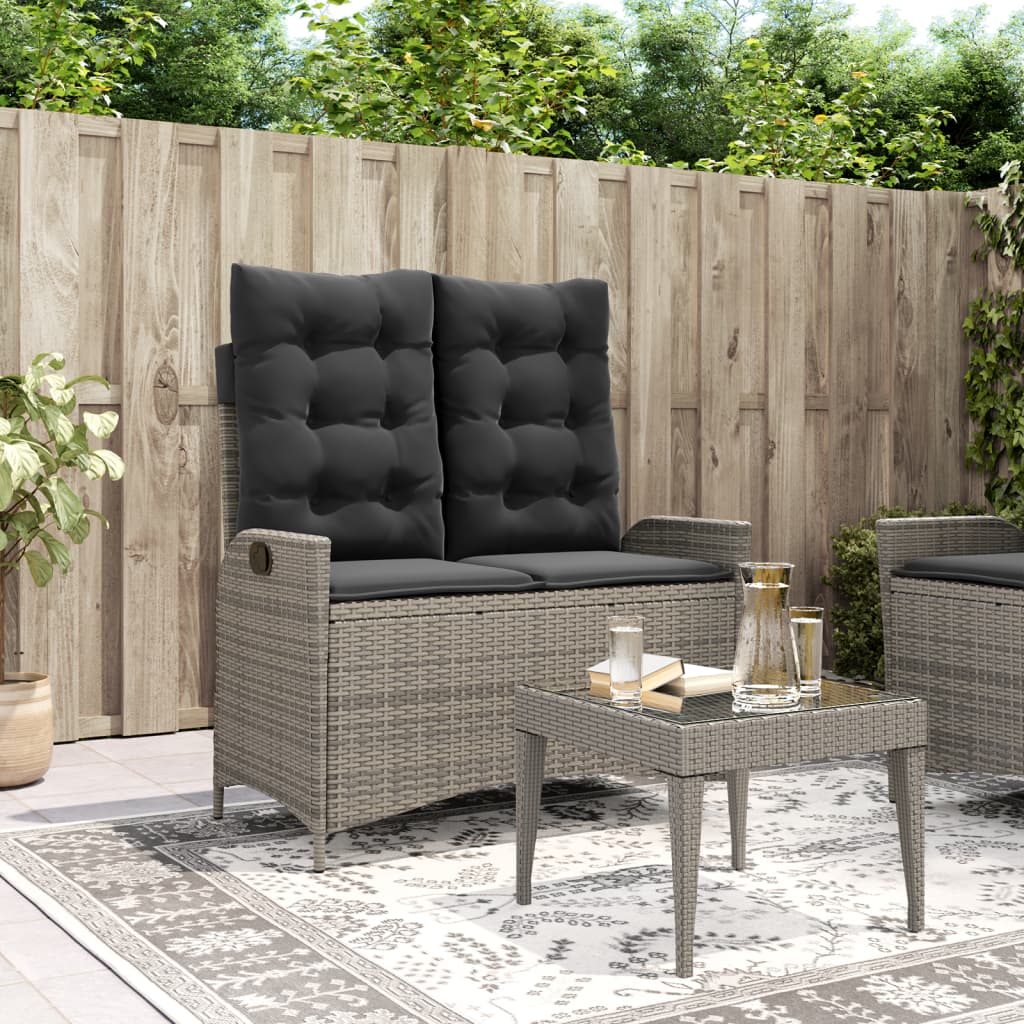 vidaXL Reclining Patio Bench with Cushions Gray Poly Rattan-0