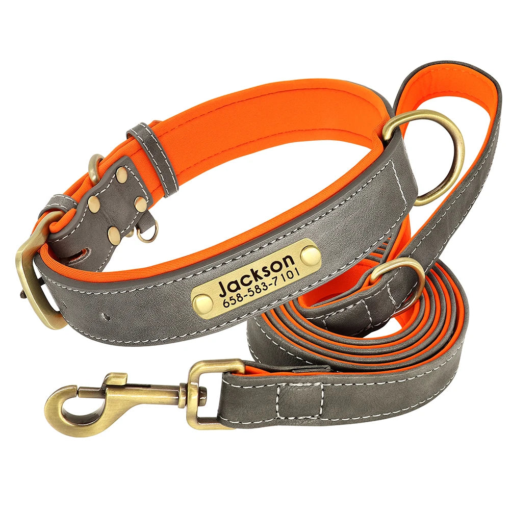 Leather Personalized Dog Collar Leash Custom Pet Name ID Collar Free Engraving