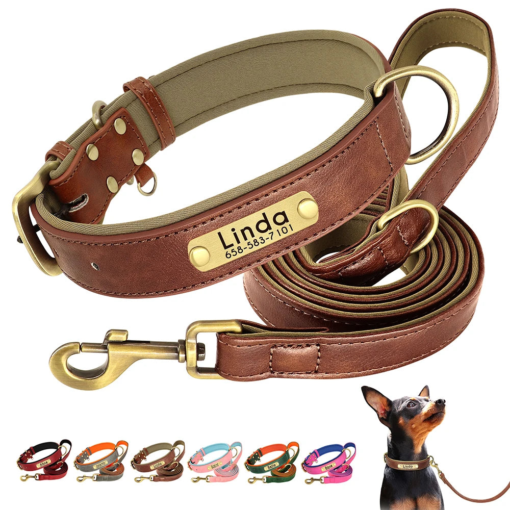 Leather Personalized Dog Collar Leash Custom Pet Name ID Collar Free Engraving
