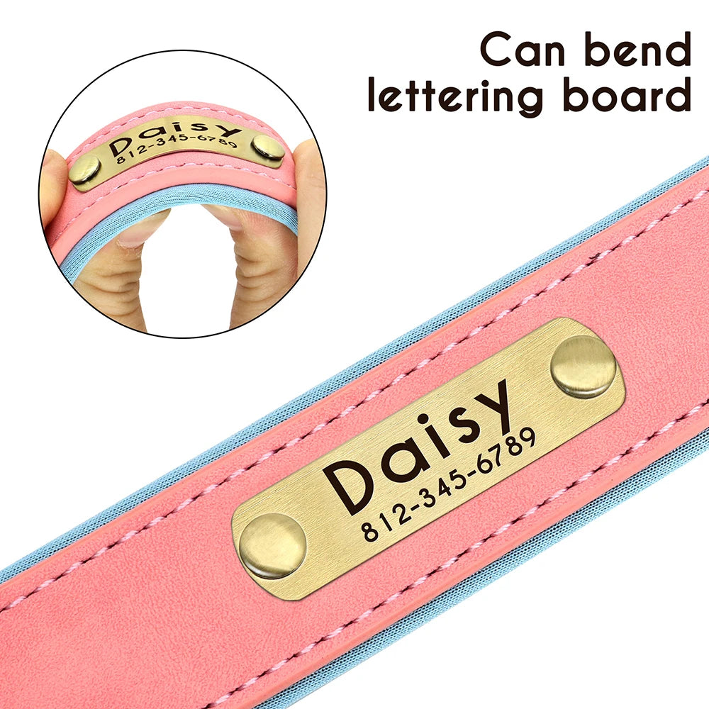 Leather Personalized Dog Collar Leash Custom Pet Name ID Collar Free Engraving