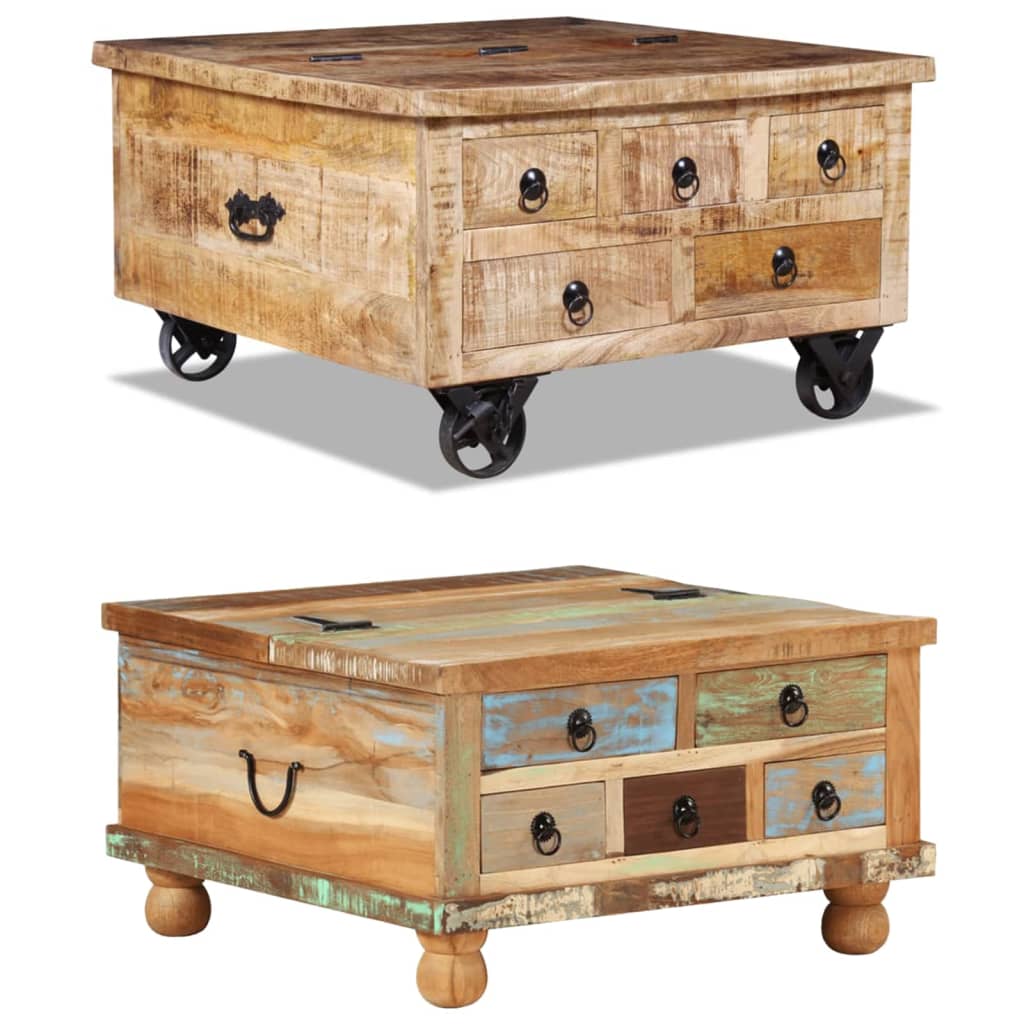vidaXL Coffee Table with Wheels Side End Table with Drawer Solid Wood Mango-14
