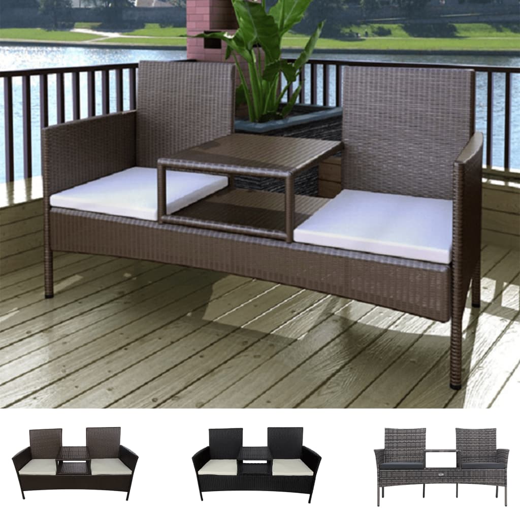 vidaXL 2-Seater Patio Sofa Outdoor Bistro Set Sofa with Tea Table Poly Rattan-5
