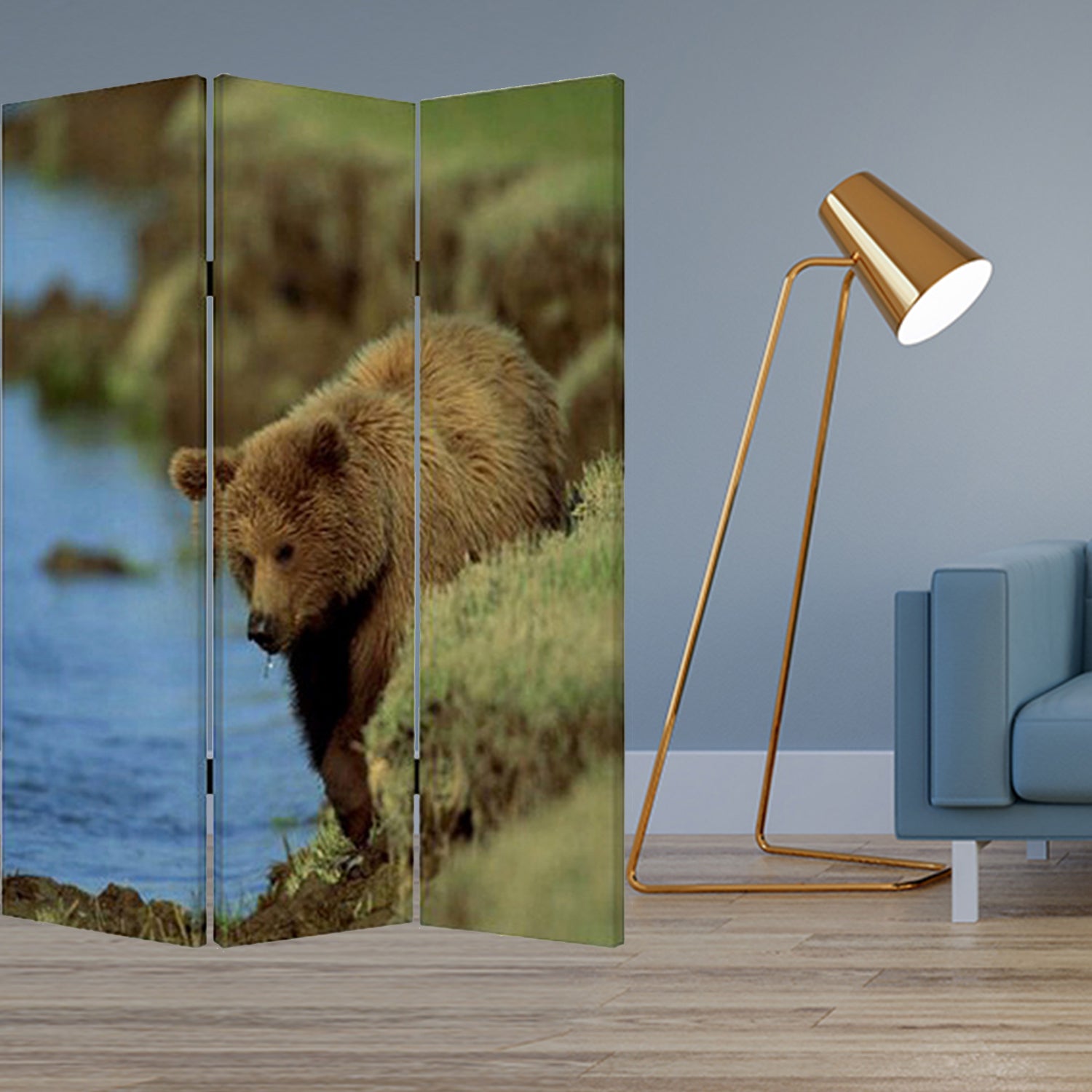 48" X 72" Multi Color Wood Canvas Bear  Screen