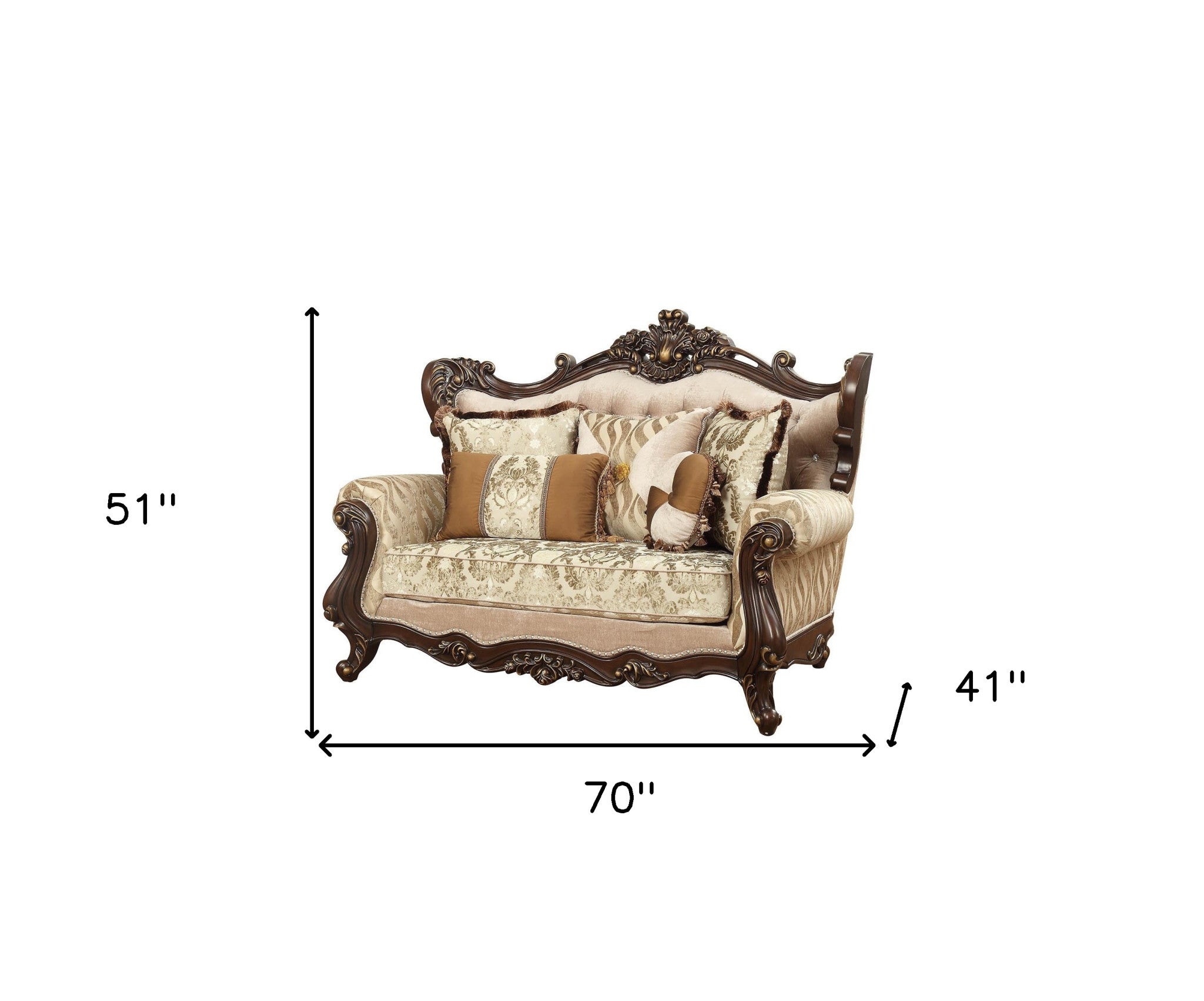 70" Beige and Brown And Brown Polyester Blend Damask Loveseat and Toss Pillows