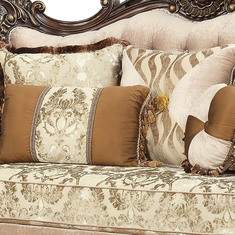 70" Beige and Brown And Brown Polyester Blend Damask Loveseat and Toss Pillows