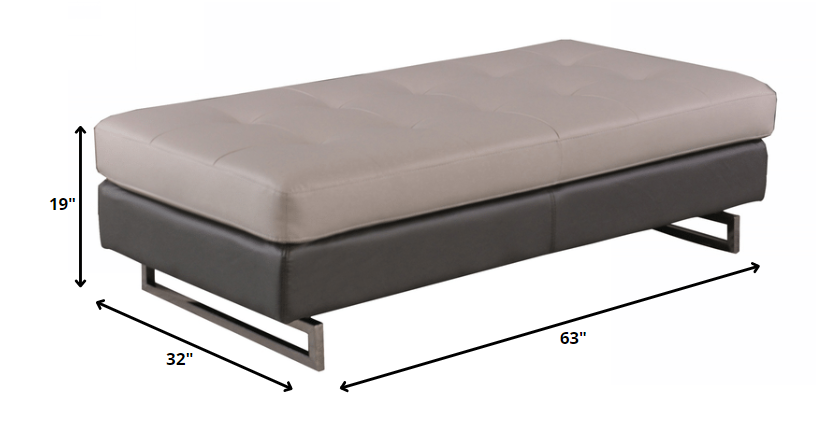 63" Black Faux Leather And Silver Ottoman