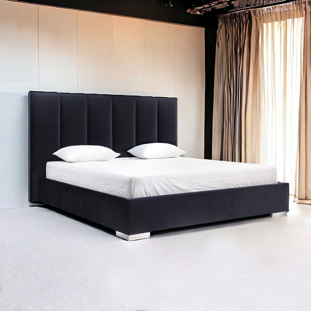 Black Tufted Velvet Upholstered Queen Bed Frame
