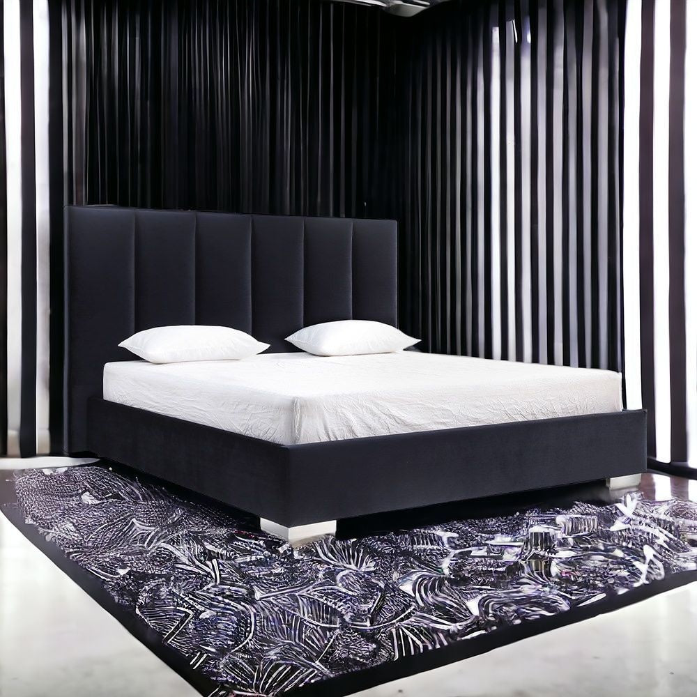 Black Tufted Velvet Upholstered Queen Bed Frame