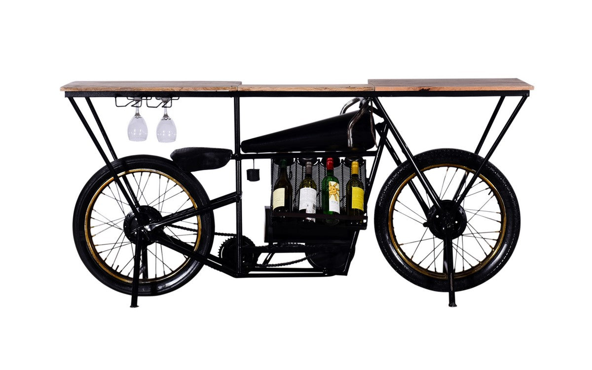 17" Black Metal and Solid Wood Motorcycle Bar Cart With Wine Storage
