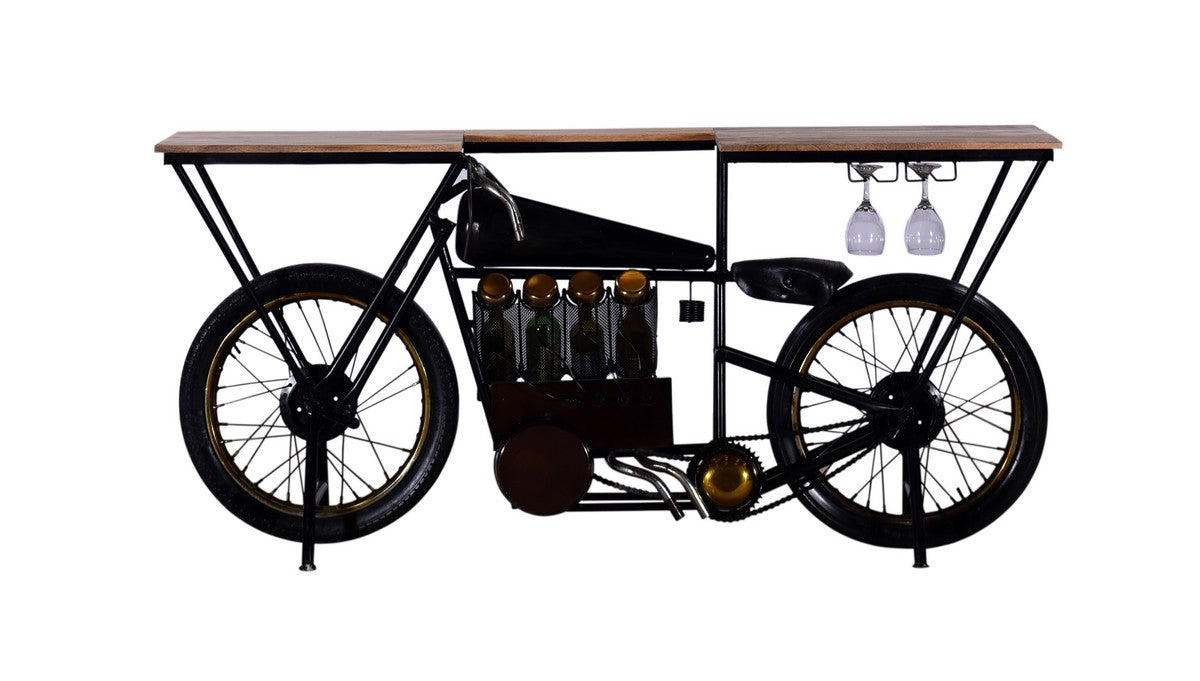 17" Black Metal and Solid Wood Motorcycle Bar Cart With Wine Storage
