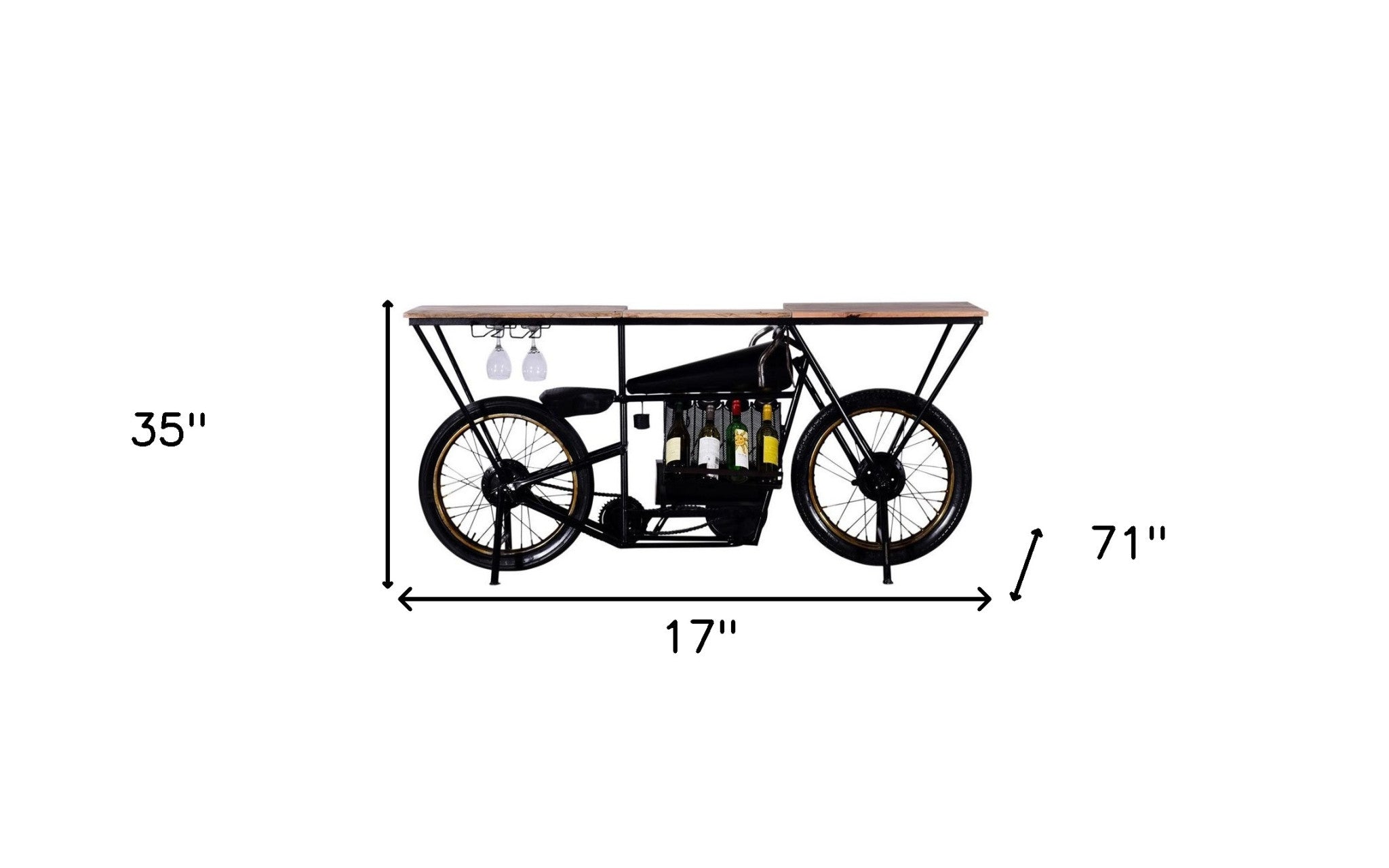 17" Black Metal and Solid Wood Motorcycle Bar Cart With Wine Storage