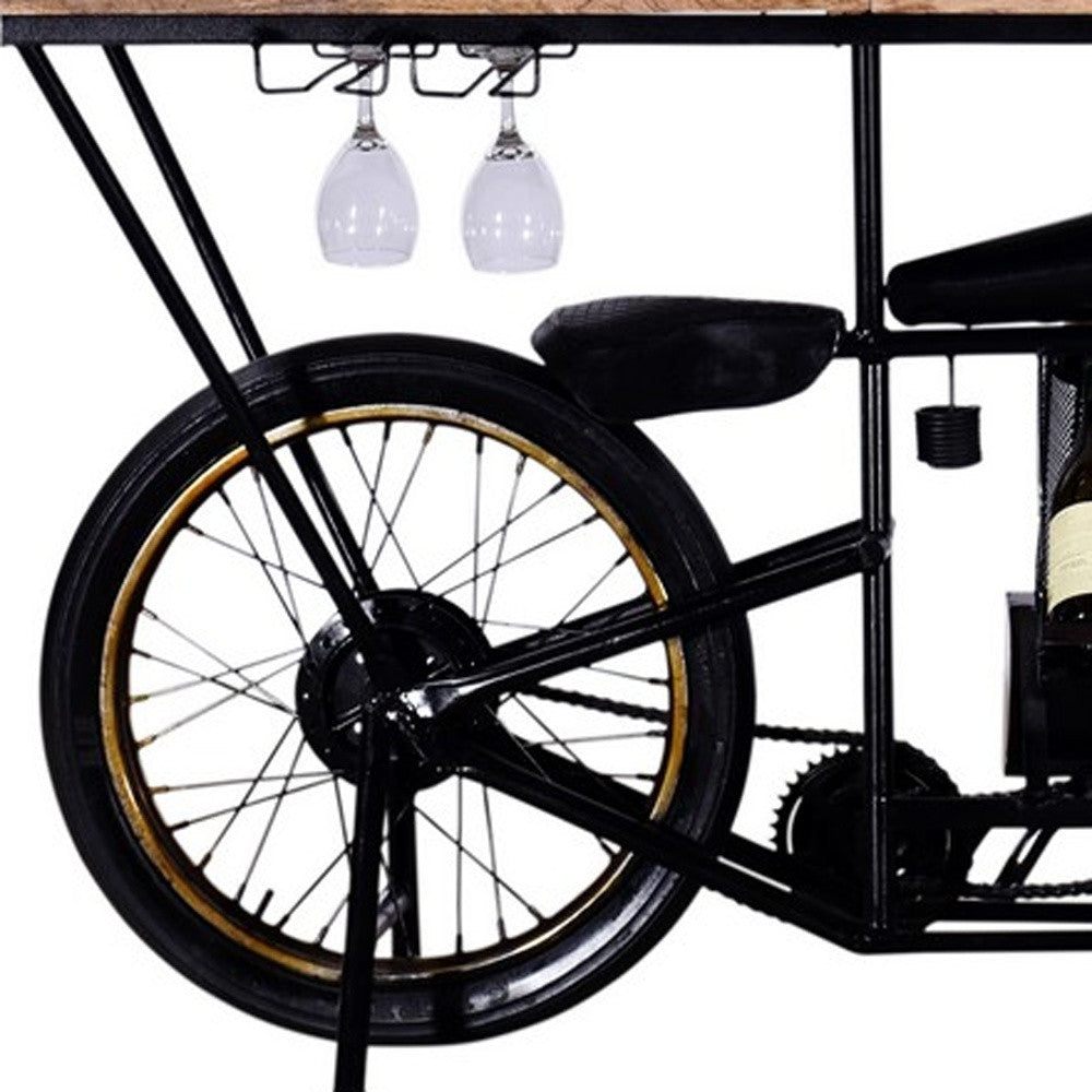 17" Black Metal and Solid Wood Motorcycle Bar Cart With Wine Storage