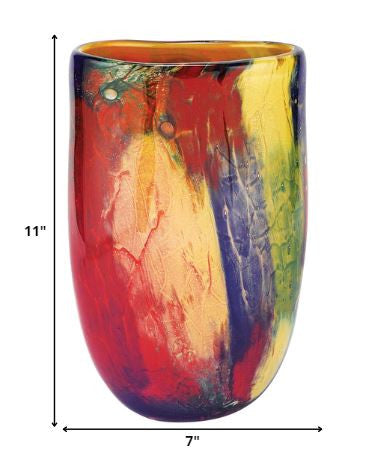 11" Red Purple And Yellow Abstract Oval Murano Glass Table Vase