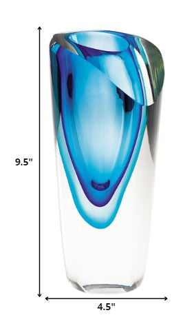 10" Clear And Blue Abstract Cylinder Lead Free Crystal Table Vase