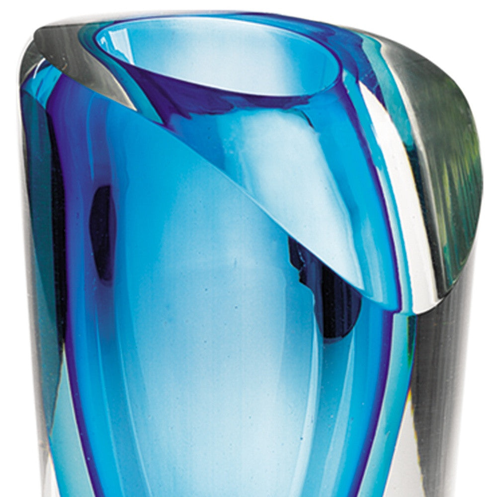 10" Clear And Blue Abstract Cylinder Lead Free Crystal Table Vase
