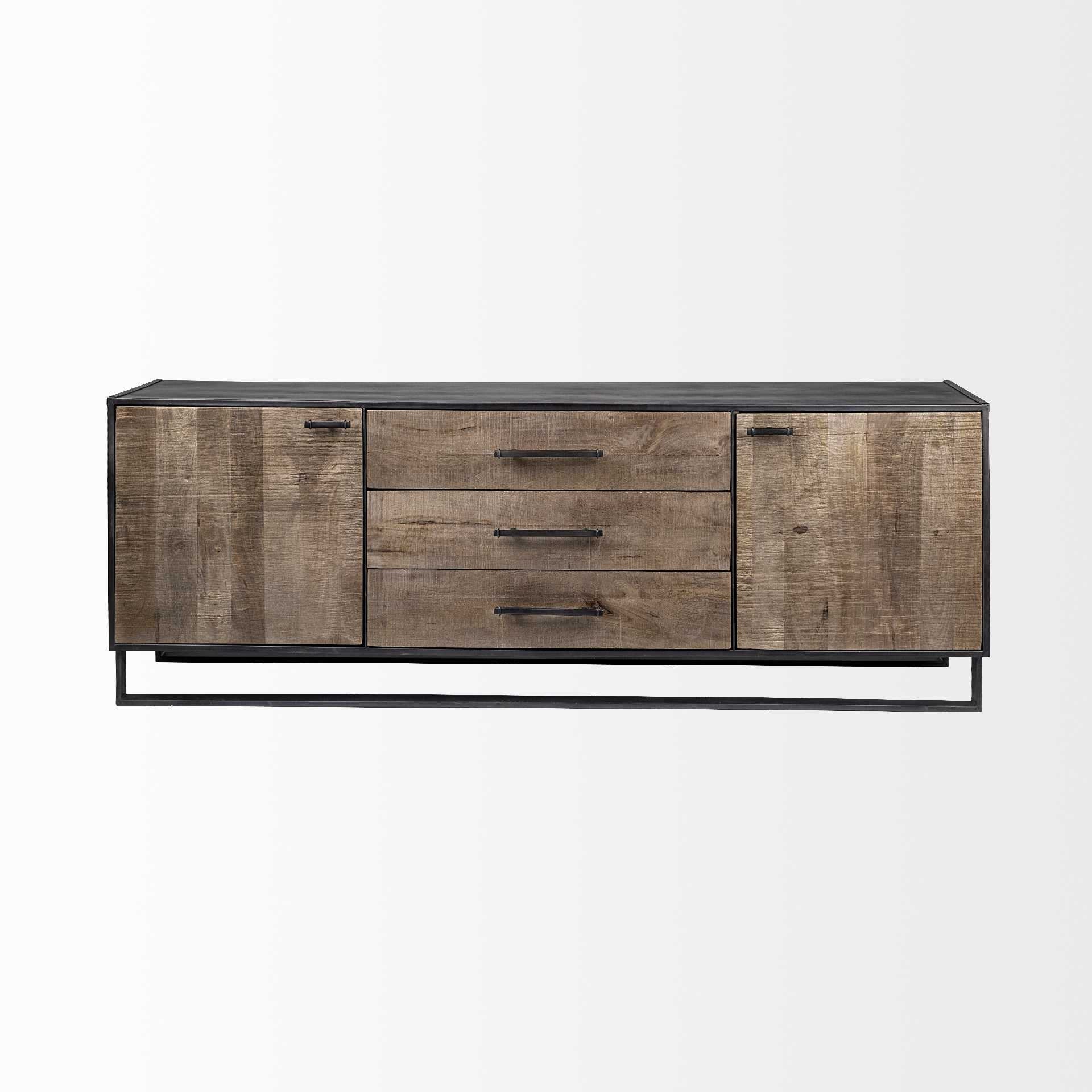 Brown Solid Mango Wood Finish Sideboard With 3 Drawers And 2 Cabinet Doors