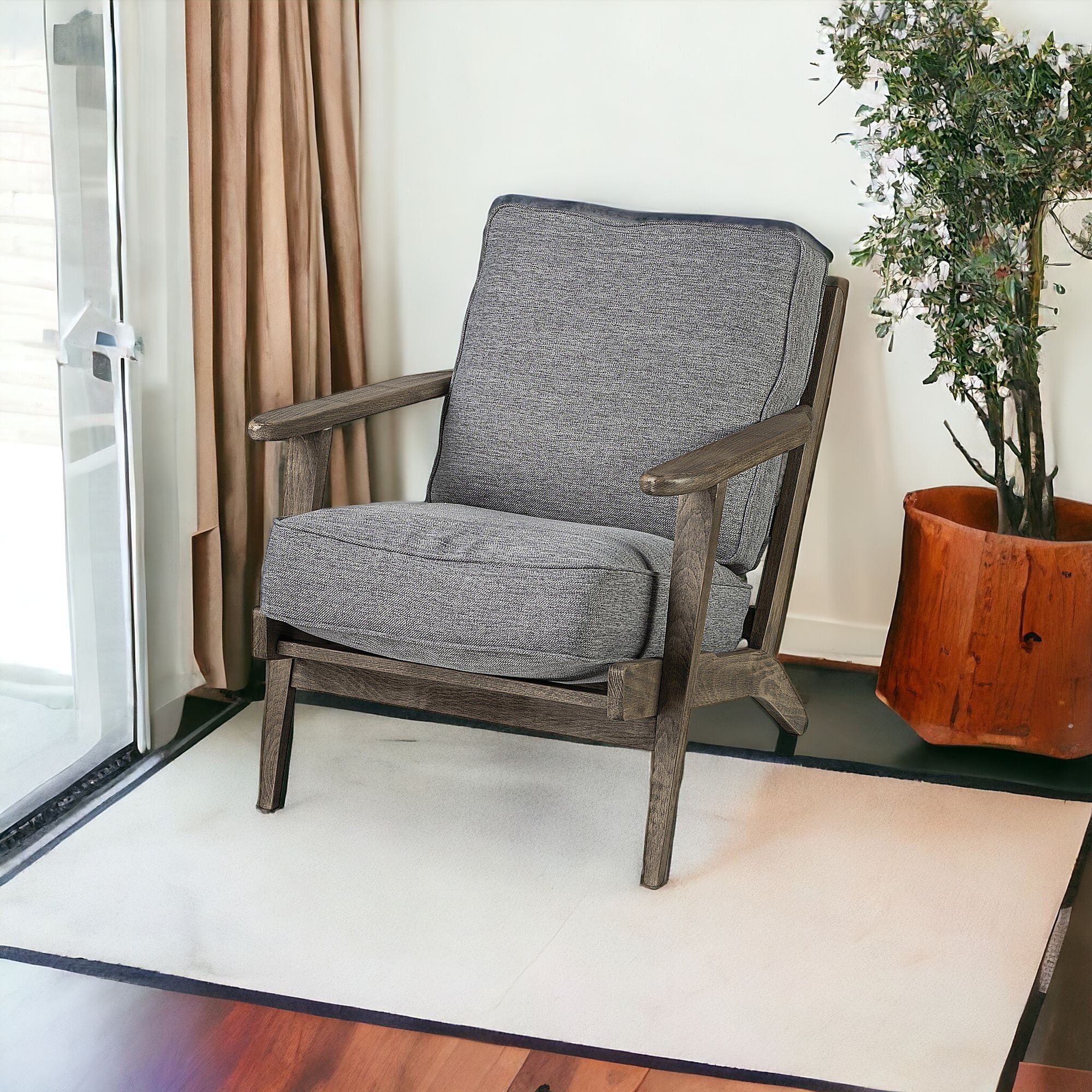 31" Gray and Brown Fabric Cushions And Wood Lounge Chair