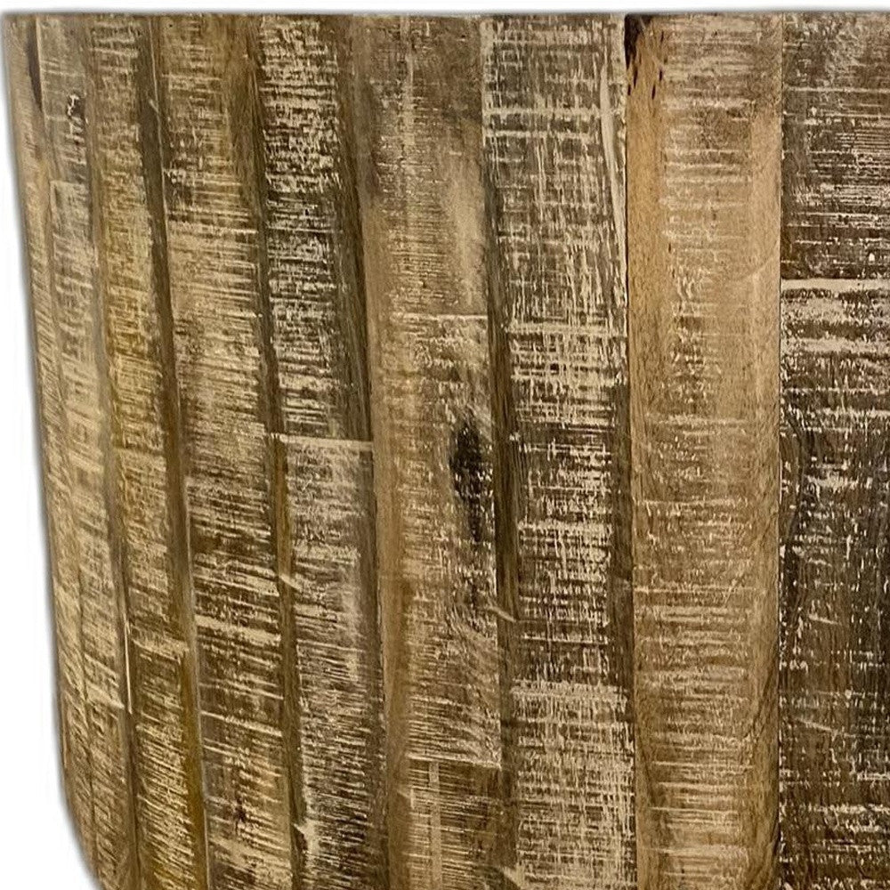 32" Brown Solid Wood Round Distressed Drum Coffee Table