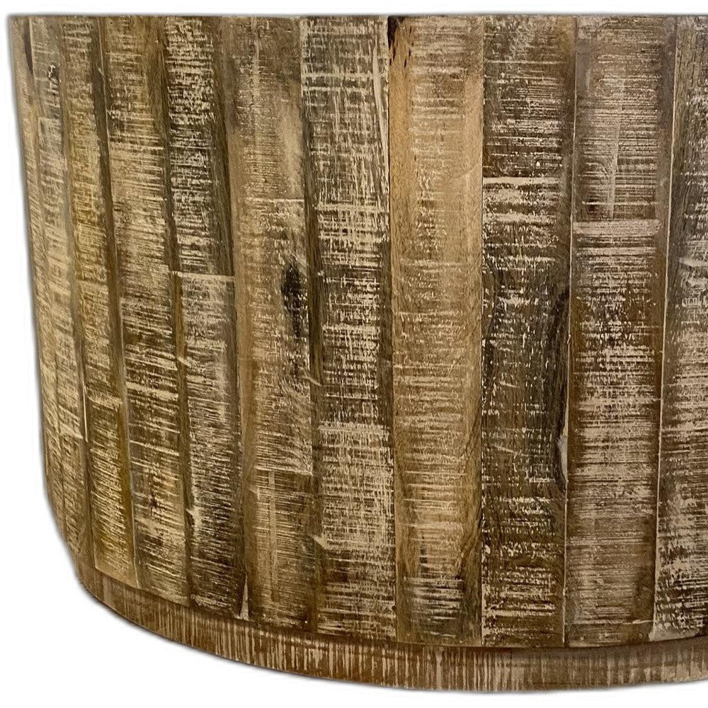 32" Brown Solid Wood Round Distressed Drum Coffee Table