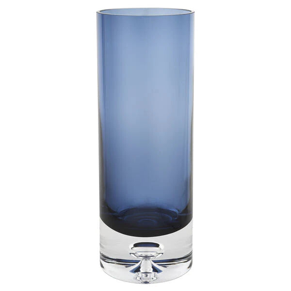 11" Blue And Clear Cylinder Crystal Glass Table Vase