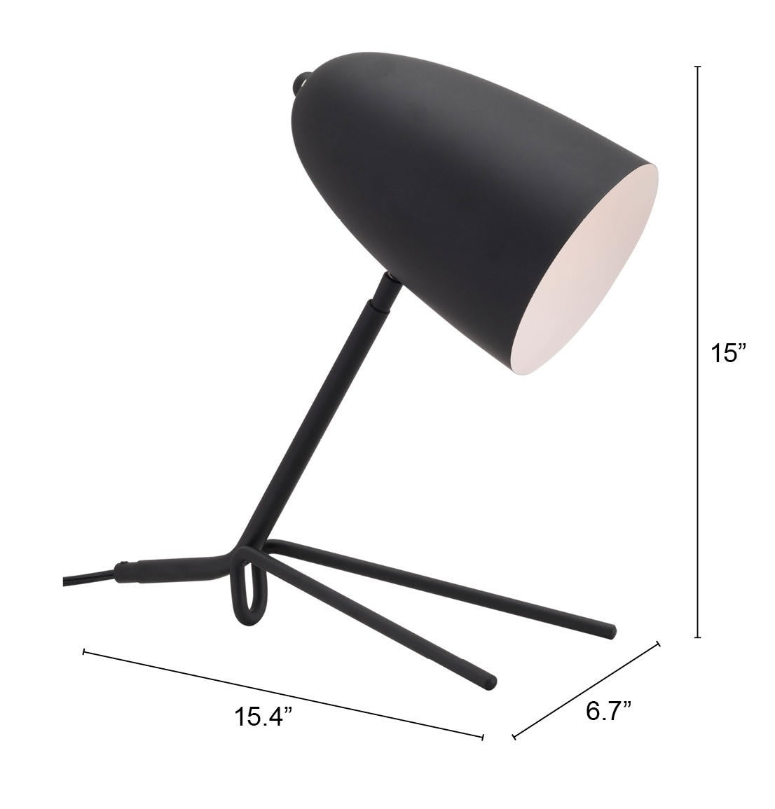 38" Black Metal Bedside Table Lamp With Black Dome Shade