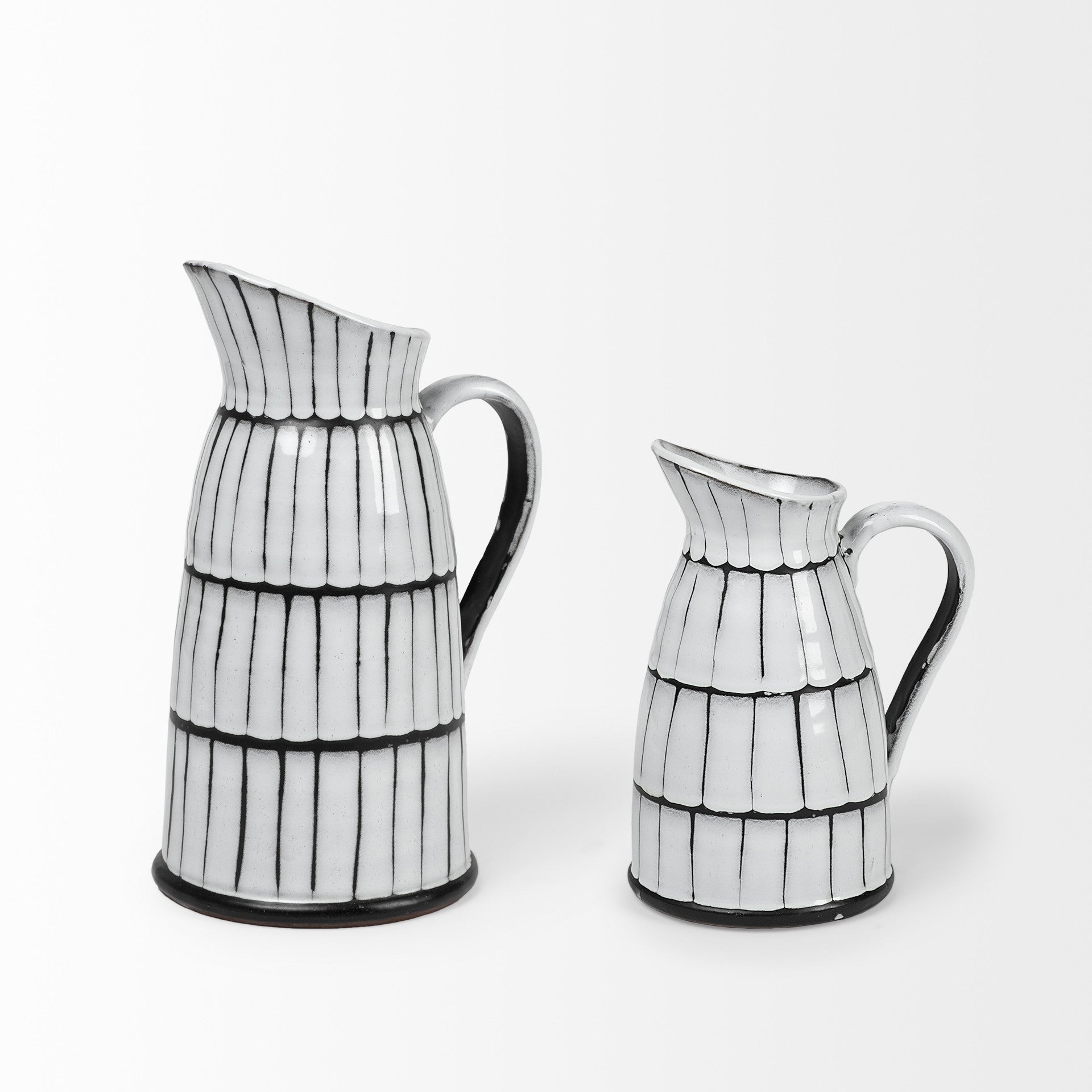 13" Black And White Ceramic Cylinder Jug Vase With Sculptural Details
