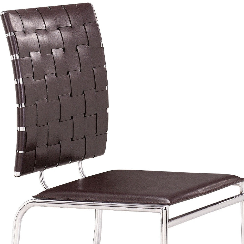 Set of Four Brown Faux Leather and Steel Modern Basket Weave Dining Chairs