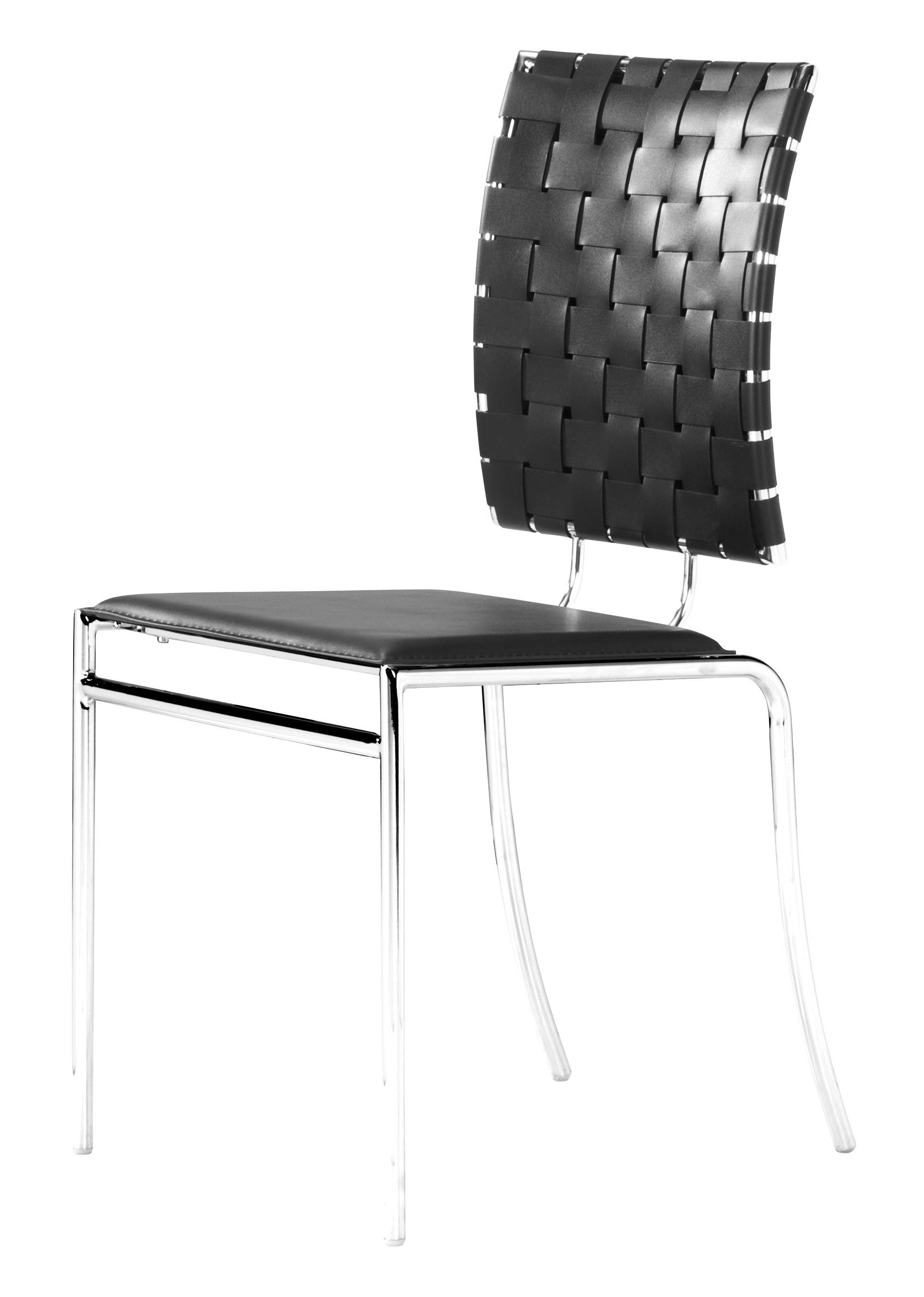 Set of Four Black Faux Leather and Steel Modern Basket Weave Dining Chairs