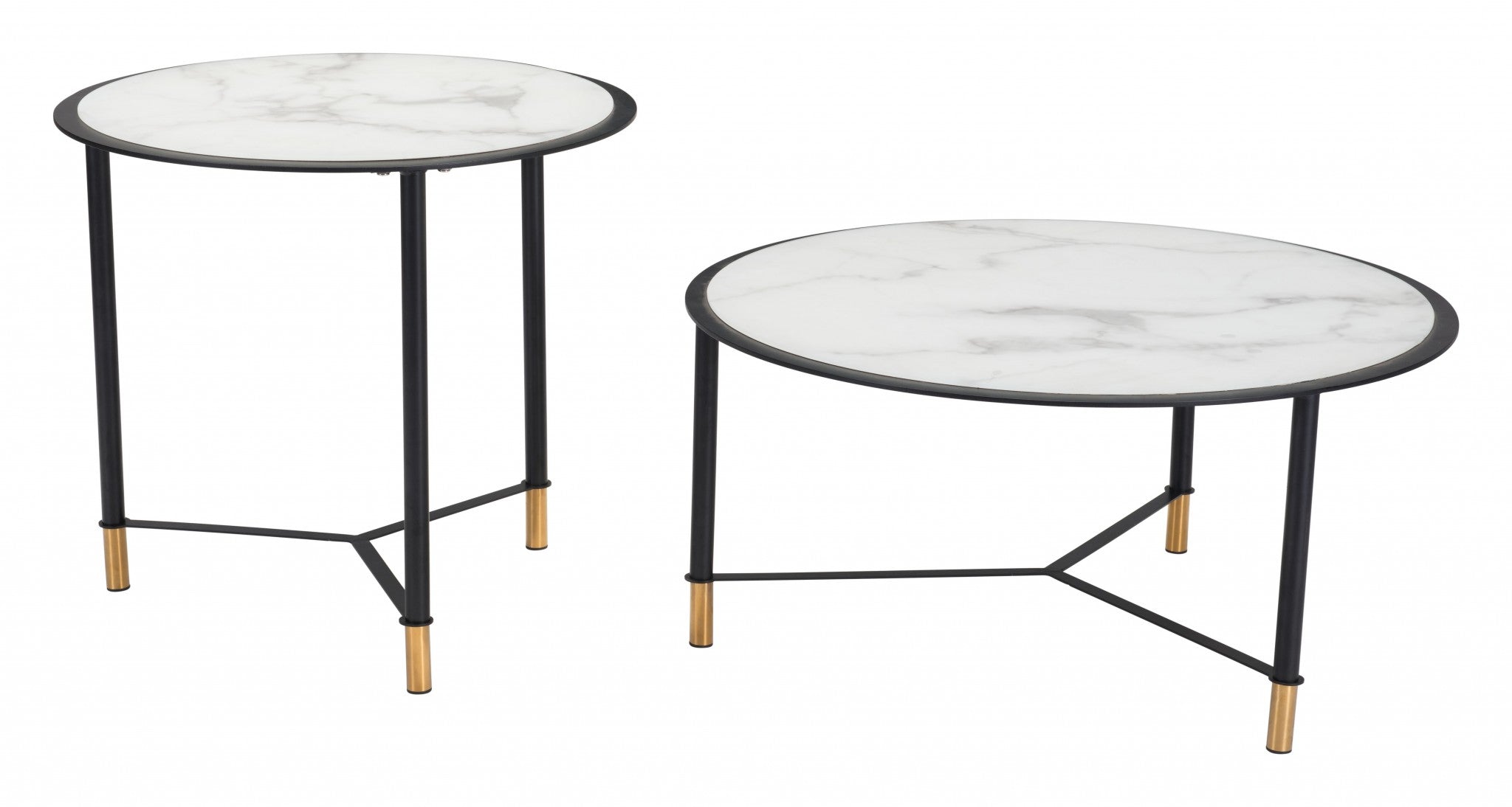 Set Of Two 32" Black And White Faux Marble Glass Round Coffee Tables
