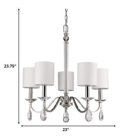 Silver Candle Style Five Light Metal and Crystals Dimmable Chandelier With White Shades