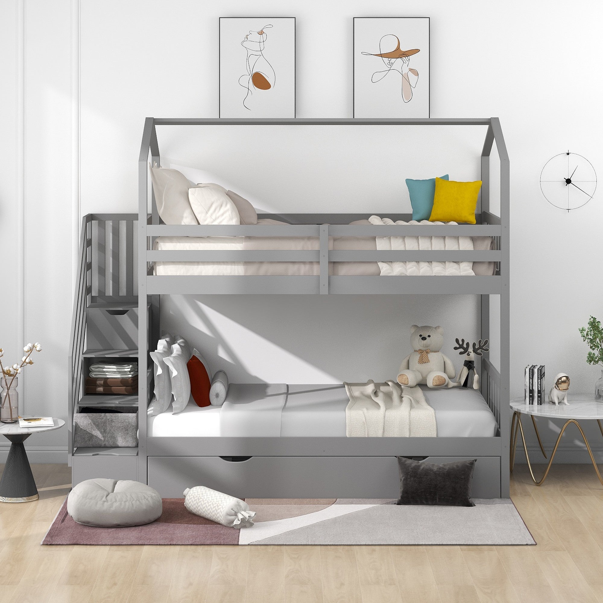 Gray Twin Over Twin Playhouse Bunk Bed with Trundle and Staircase