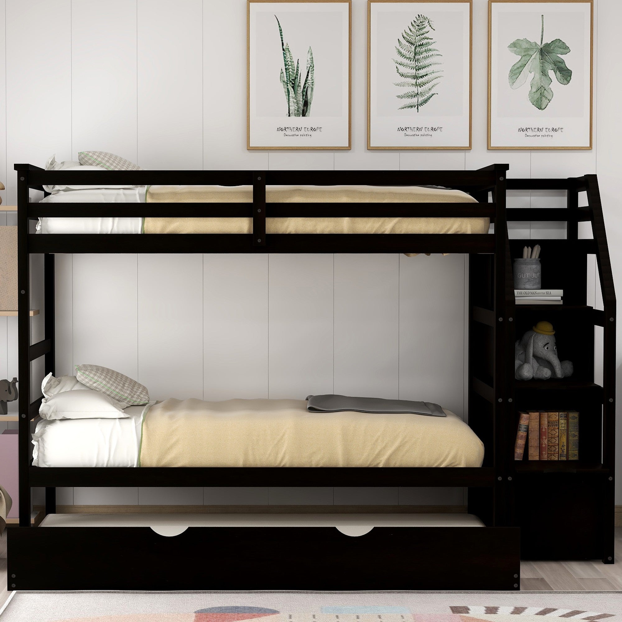 Brown Twin Over Twin Bunk Bed with Trundle
