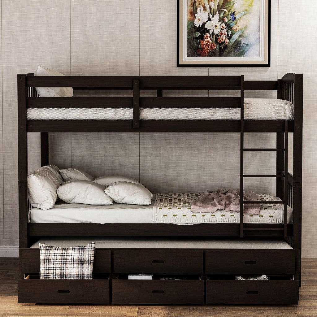 Twin over Twin Wood Bunk Bed Trundle Drawers Espresso