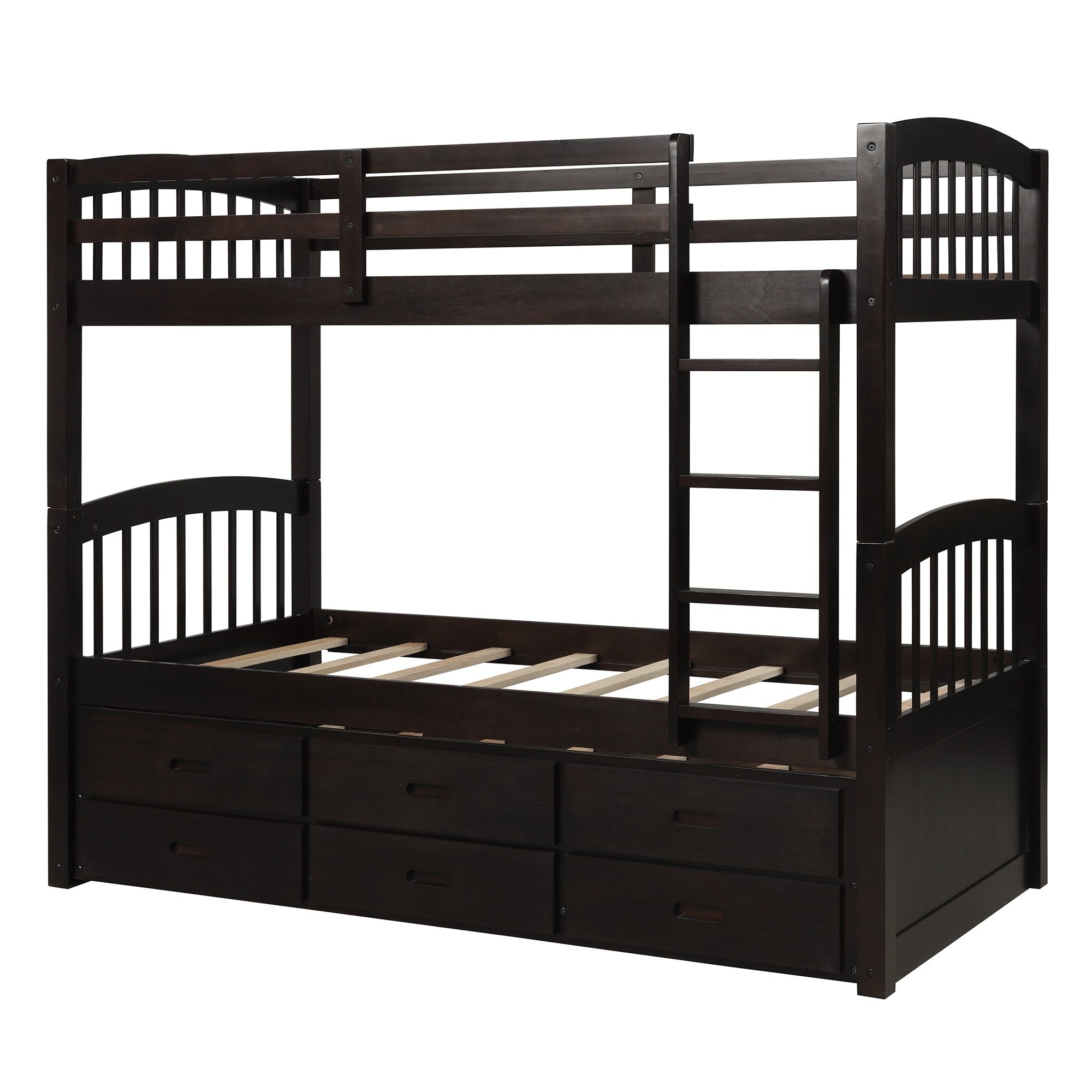 Twin over Twin Wood Bunk Bed Trundle Drawers Espresso
