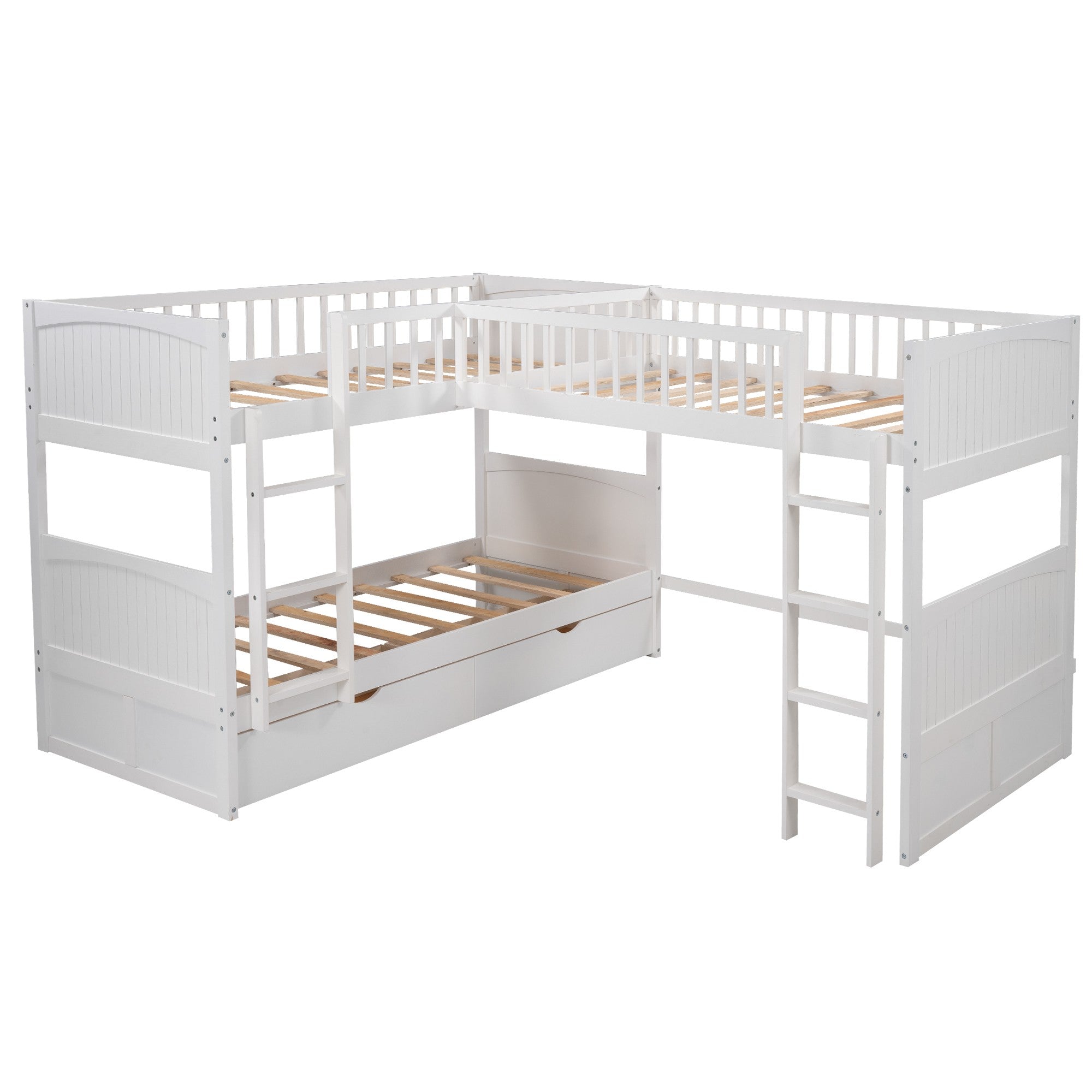 White Twin Size Bunk Bed with attached Loft Bed and Drawers