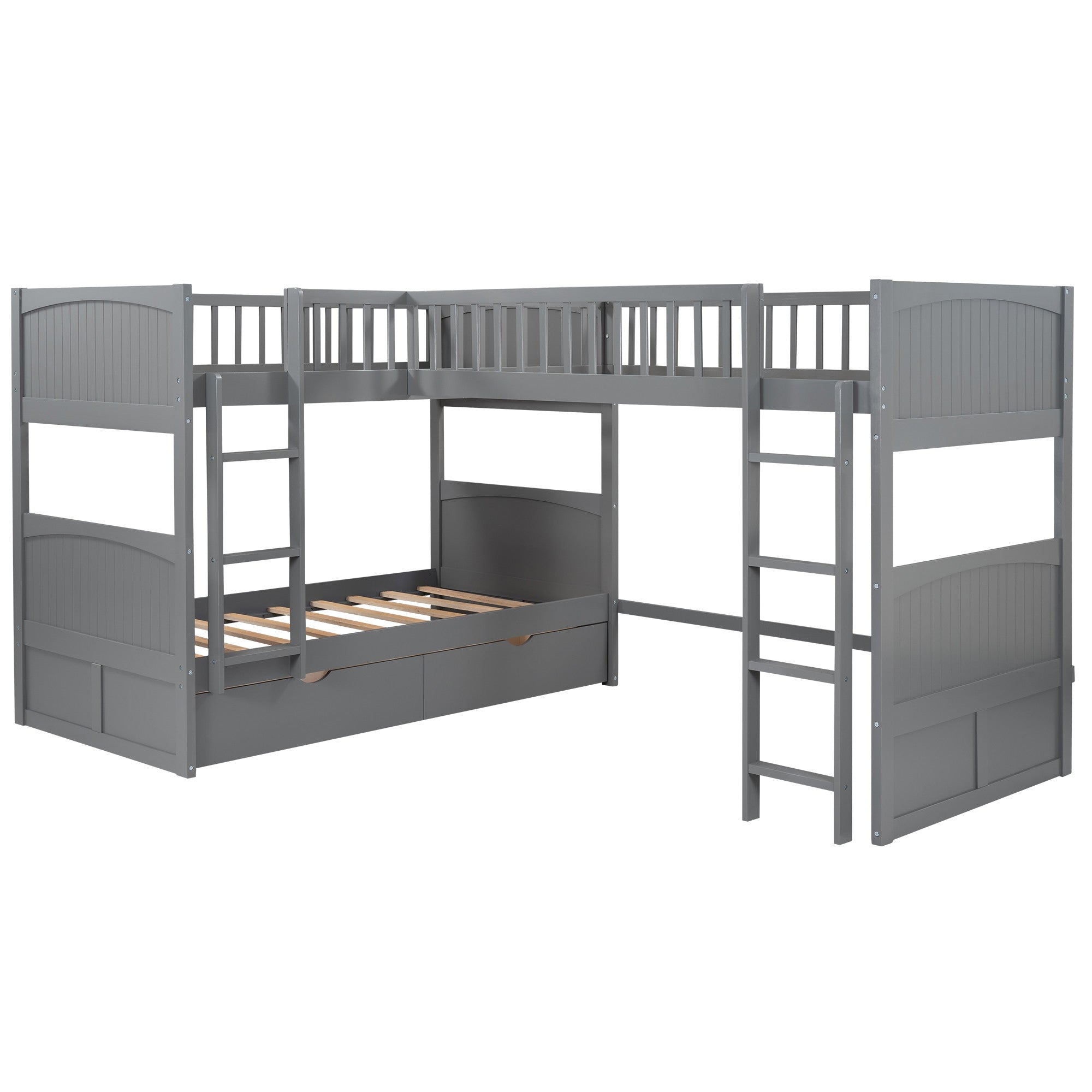 Gray Twin Size Bunk Bed with attached Loft Bed and Drawers