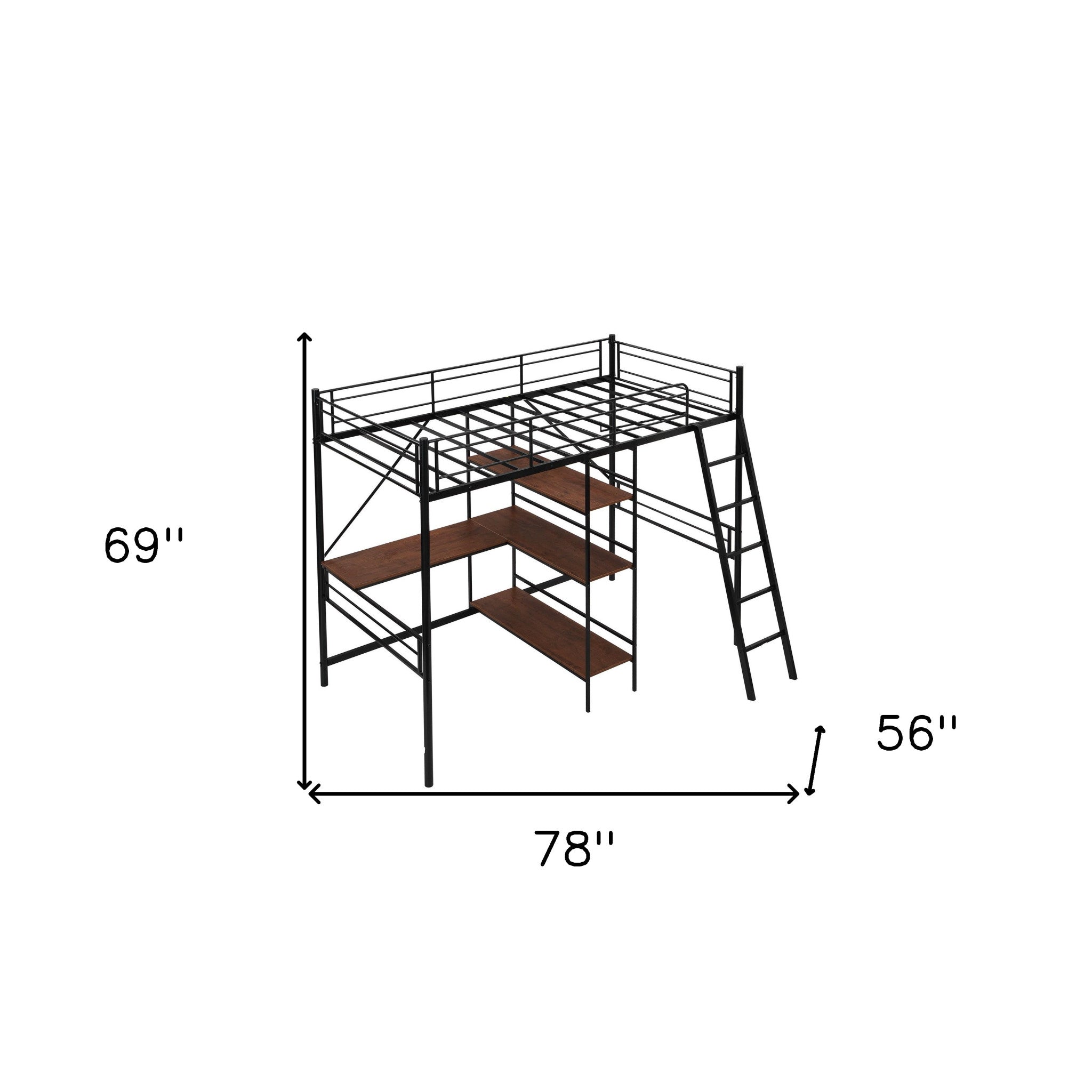 Black Twin Size Metal Loft Bed With Desk and Shelves