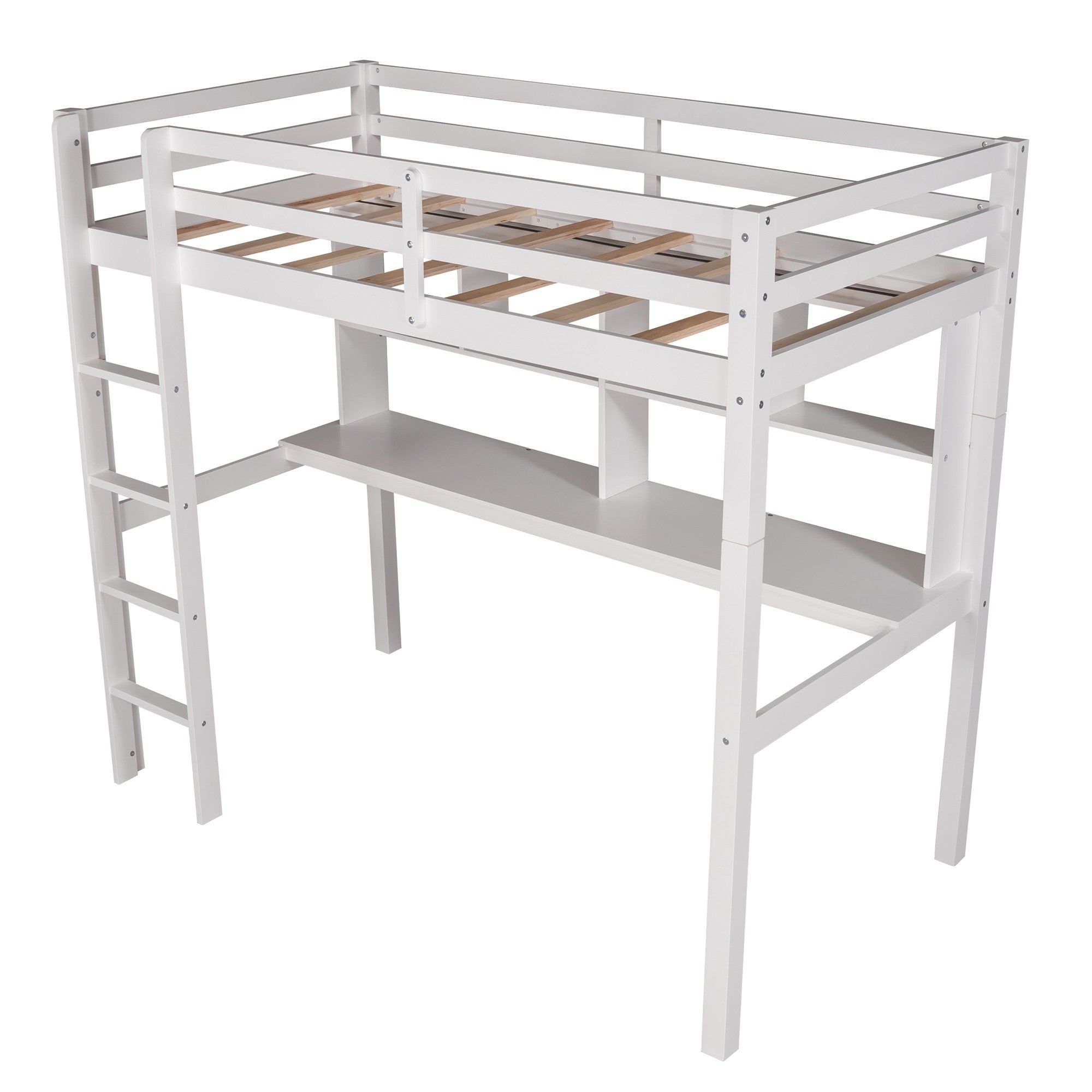 White Twin Loft Bed With Desk and Shelves