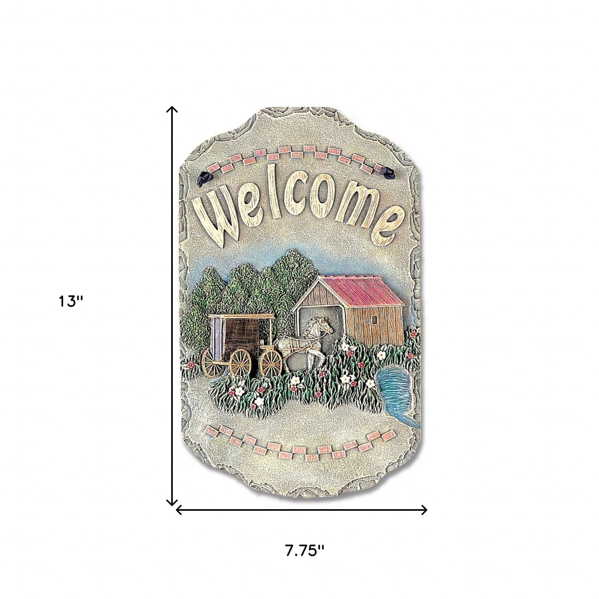 13" X 8" Gray Cream And Green Resin Horse Welcome Sign Wall Decor