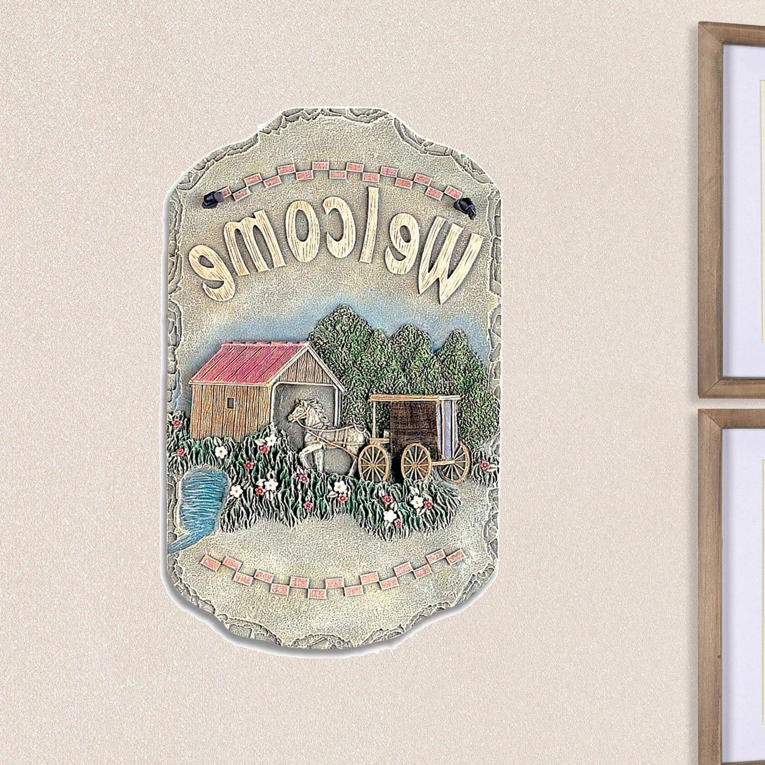 13" X 8" Gray Cream And Green Resin Horse Welcome Sign Wall Decor