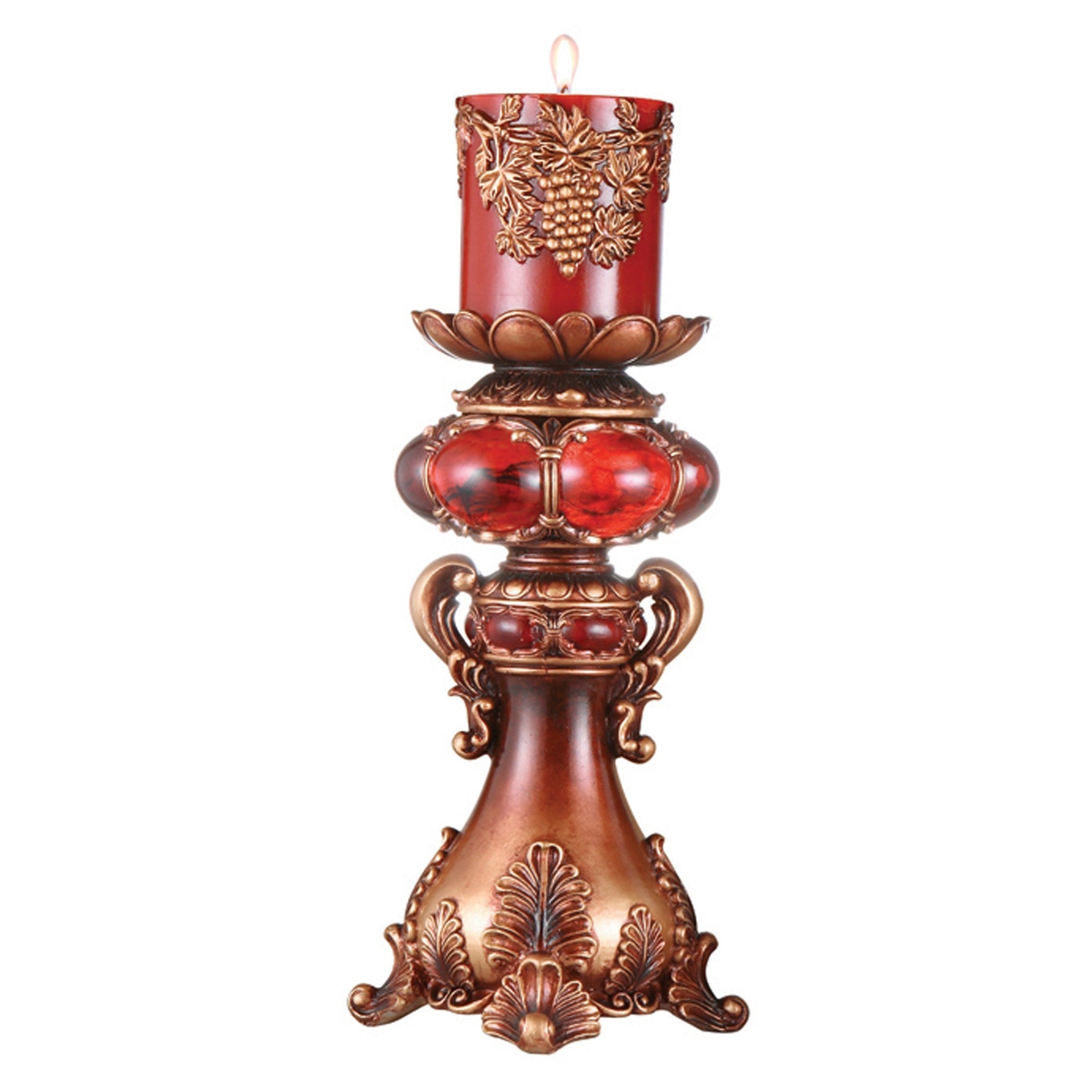 16" Tall Red and Brown Faux Marble Candle Holder with Candle