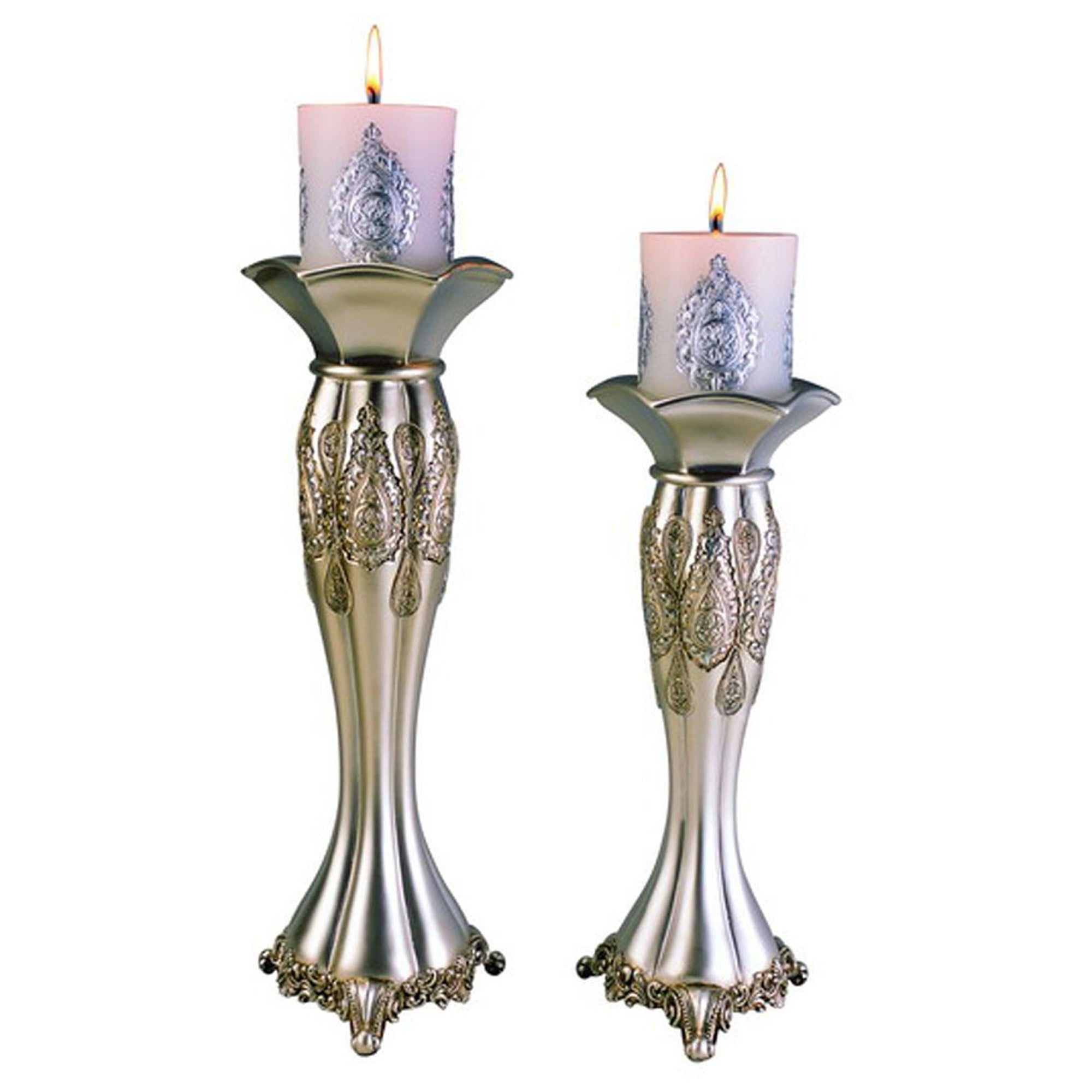 Set Of Two Silver Tabletop Pillar Candle Holders