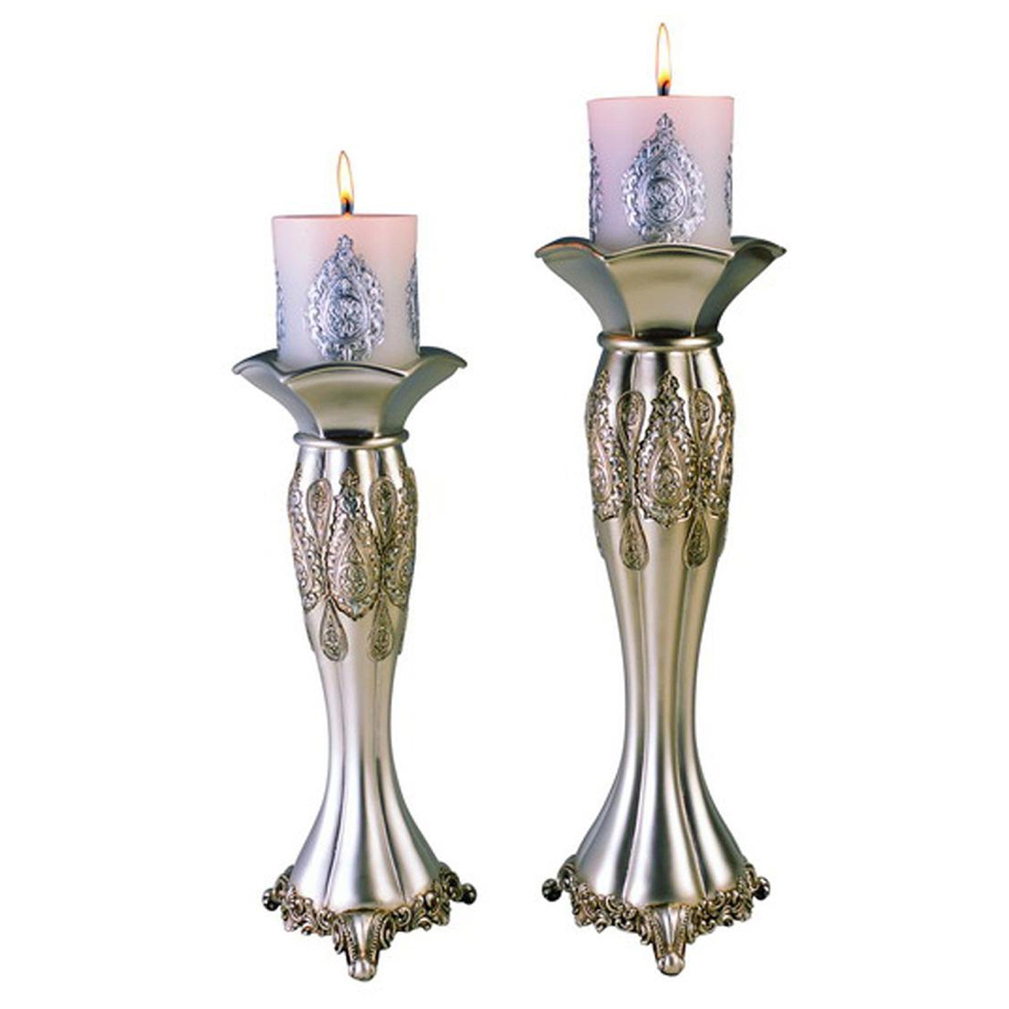 Set Of Two Silver Tabletop Pillar Candle Holders