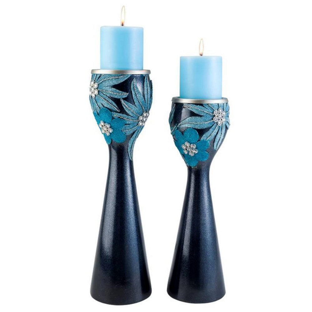 Set Of Two Navy and Aqua Floral Bling Candle Holders with Candles