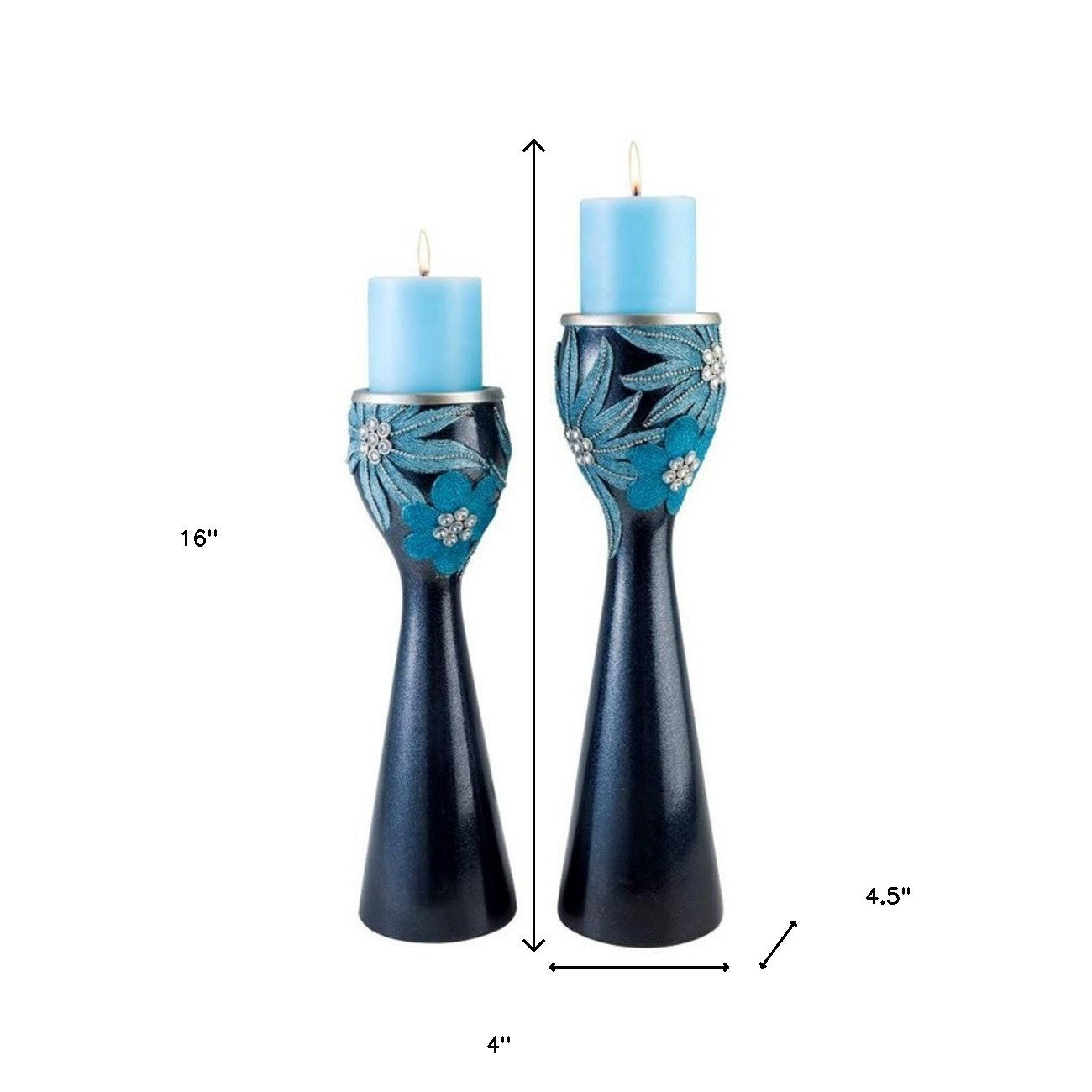 Set Of Two Navy and Aqua Floral Bling Candle Holders with Candles